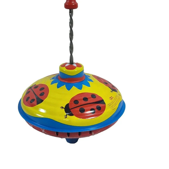Vintage Lorenz Bolz Zirndorf Tin Spinning Top Ladybugs Yellow Red Blue Germany - Picture 4 of 7